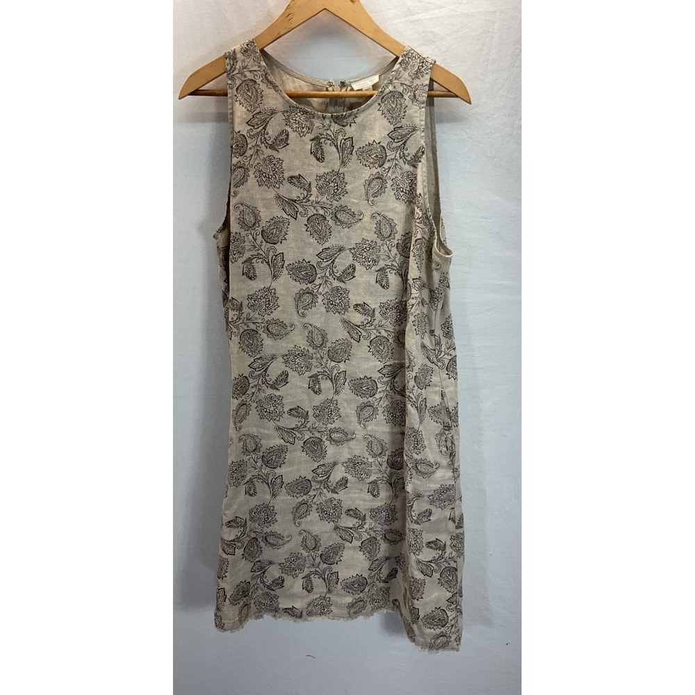 Garnet Hill 100% Linen Dress Women's 14 Floral Beachy Coastal Travel Resort Tan